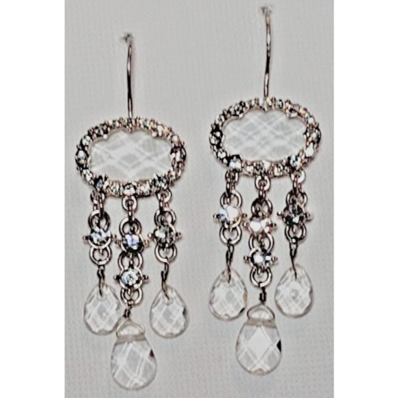 M0NET Signed Vintage Dangle Earrings Silver-Tone Clear Facet Crystal Rhinestones - Picture 1 of 6